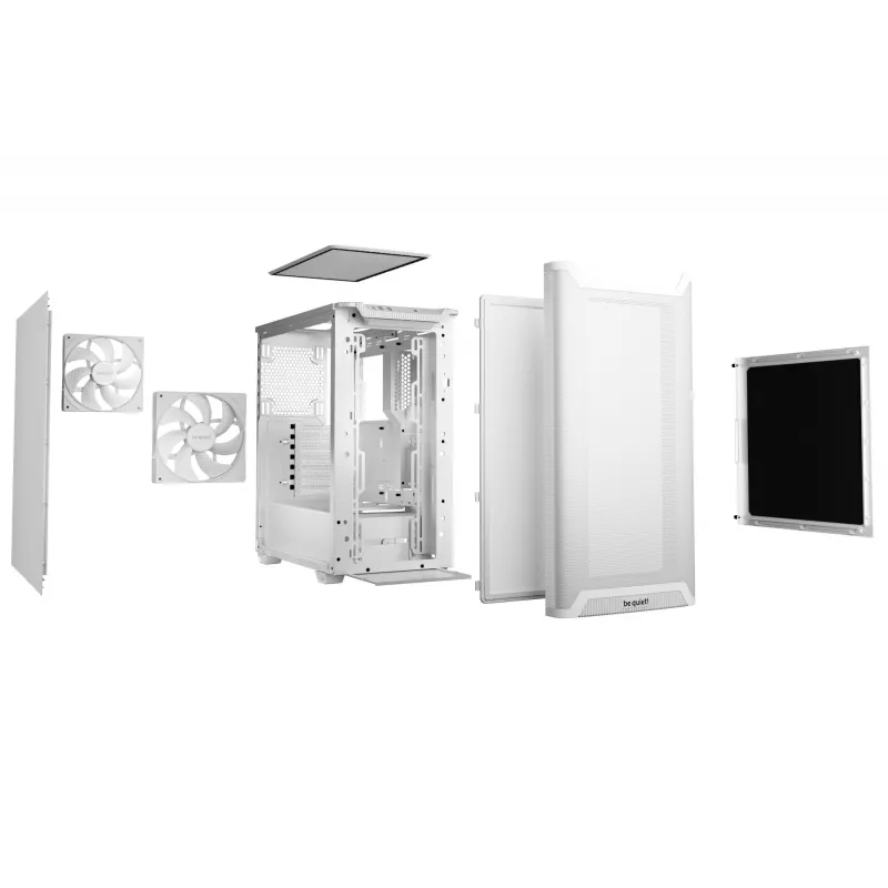 PC korpusas be quiet! PURE BASE 501 Airflow Midi Tower White — ATX, 3×140 mm priekyje, 1×140 mm gale, 5×2,5 colio, 2×3,5 colio, USB-C, PWM palaikymas