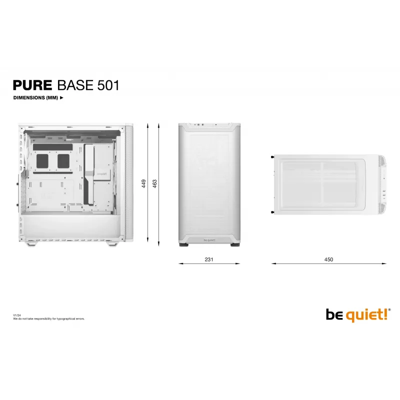 PC korpusas be quiet! PURE BASE 501 Airflow Midi Tower White — ATX, 3×140 mm priekyje, 1×140 mm gale, 5×2,5 colio, 2×3,5 colio, USB-C, PWM palaikymas