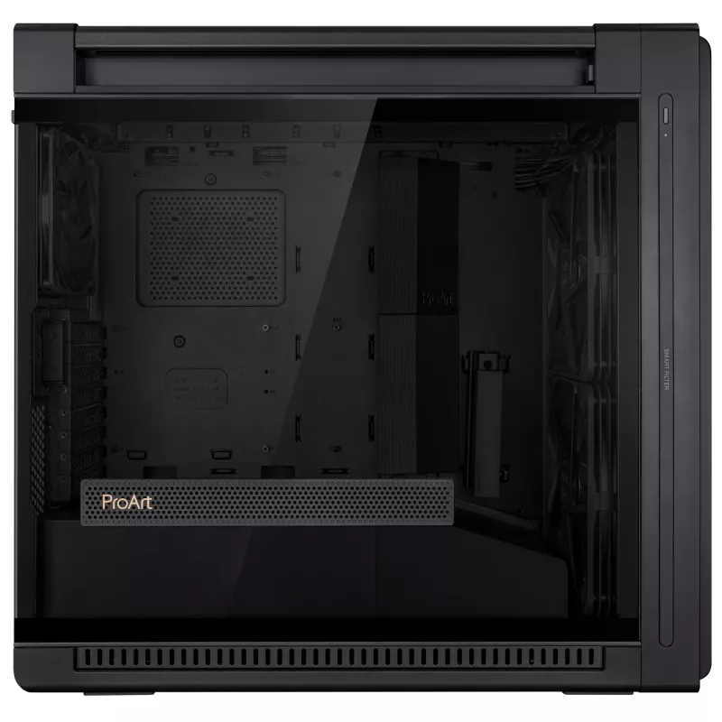 PC Case ASUS ProArt PA602 Midi Tower Juoda — ATX/EATX support, temperuotas stiklas, 2x200 mm priekiniai ventiliatoriai, 360 mm viršutinis radiatorius, GPU iki 450 mm