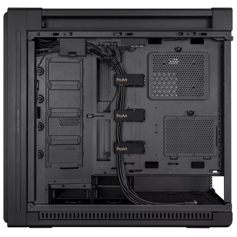 PC Case ASUS ProArt PA602 Midi Tower Juoda — ATX/EATX support, temperuotas stiklas, 2x200 mm priekiniai ventiliatoriai, 360 mm viršutinis radiatorius, GPU iki 450 mm