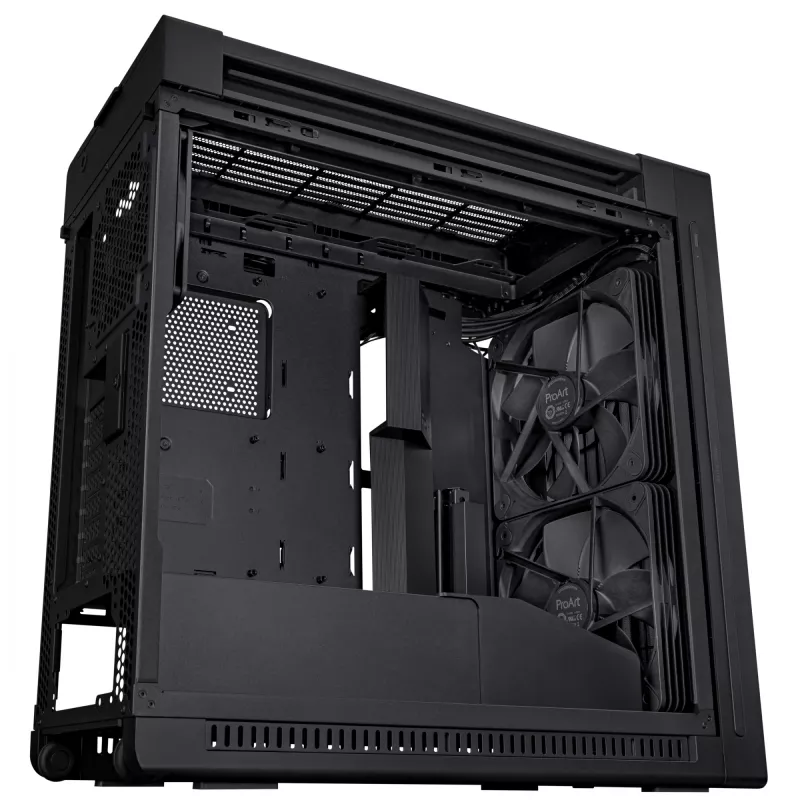 PC Case ASUS ProArt PA602 Midi Tower Juoda — ATX/EATX support, temperuotas stiklas, 2x200 mm priekiniai ventiliatoriai, 360 mm viršutinis radiatorius, GPU iki 450 mm