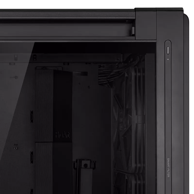 PC Case ASUS ProArt PA602 Midi Tower Juoda — ATX/EATX support, temperuotas stiklas, 2x200 mm priekiniai ventiliatoriai, 360 mm viršutinis radiatorius, GPU iki 450 mm