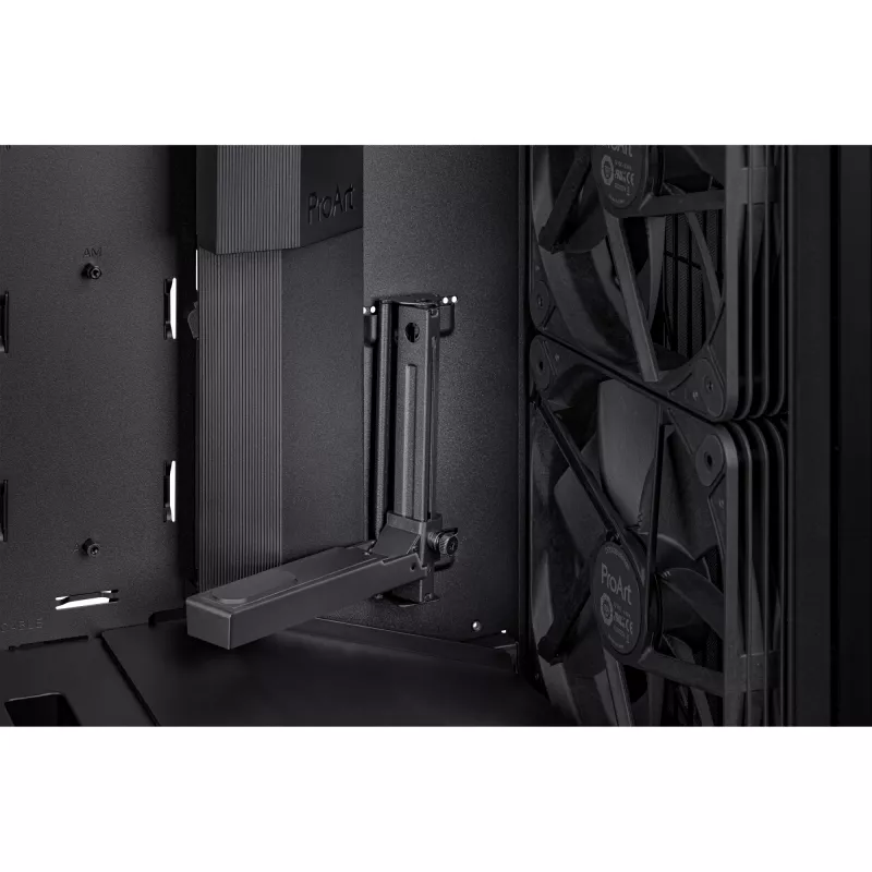 PC Case ASUS ProArt PA602 Midi Tower Juoda — ATX/EATX support, temperuotas stiklas, 2x200 mm priekiniai ventiliatoriai, 360 mm viršutinis radiatorius, GPU iki 450 mm