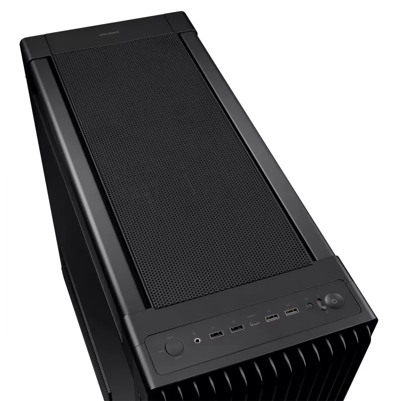 PC Case ASUS ProArt PA602 Midi Tower Juoda — ATX/EATX support, temperuotas stiklas, 2x200 mm priekiniai ventiliatoriai, 360 mm viršutinis radiatorius, GPU iki 450 mm