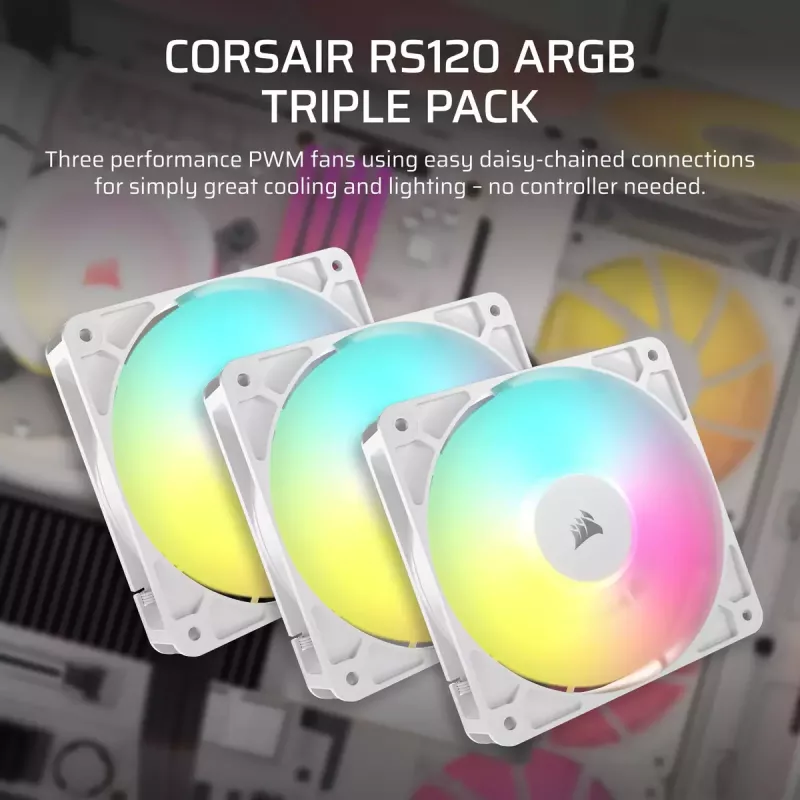 Corsair RS120 ARGB 12 cm ventiliatorius, baltas, 420–2100 RPM, 3 vnt.