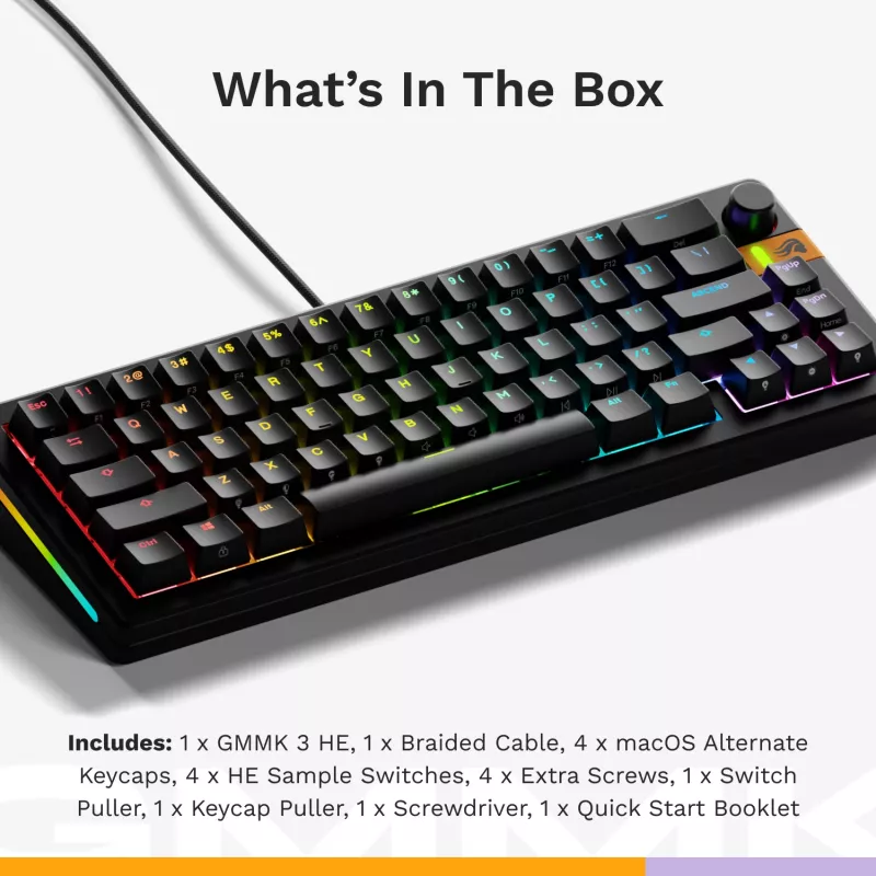 Glorious Gaming GMMK 3 HE 65% iš anksto surinkta laidinė juoda - US, laidinė, USB, mechaninė, QWERTY, RGB LED, juoda