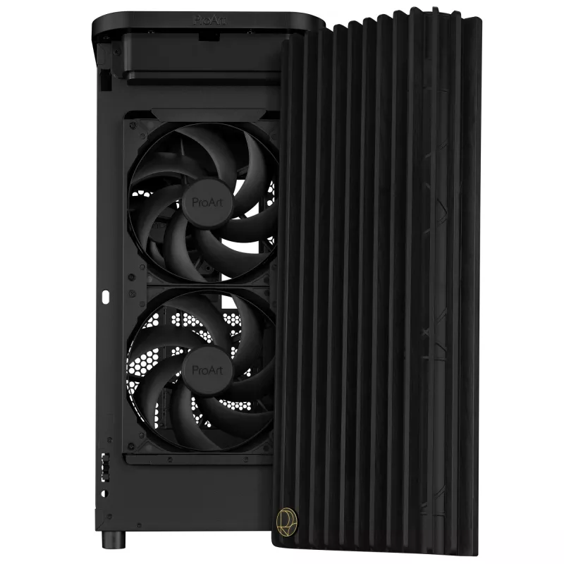 PC case ASUS ProArt PA401 Wood TG PWM Tower Juoda — ATX, tempered glass, 2x160mm front fans, USB-C, supports GPU 31.5 cm