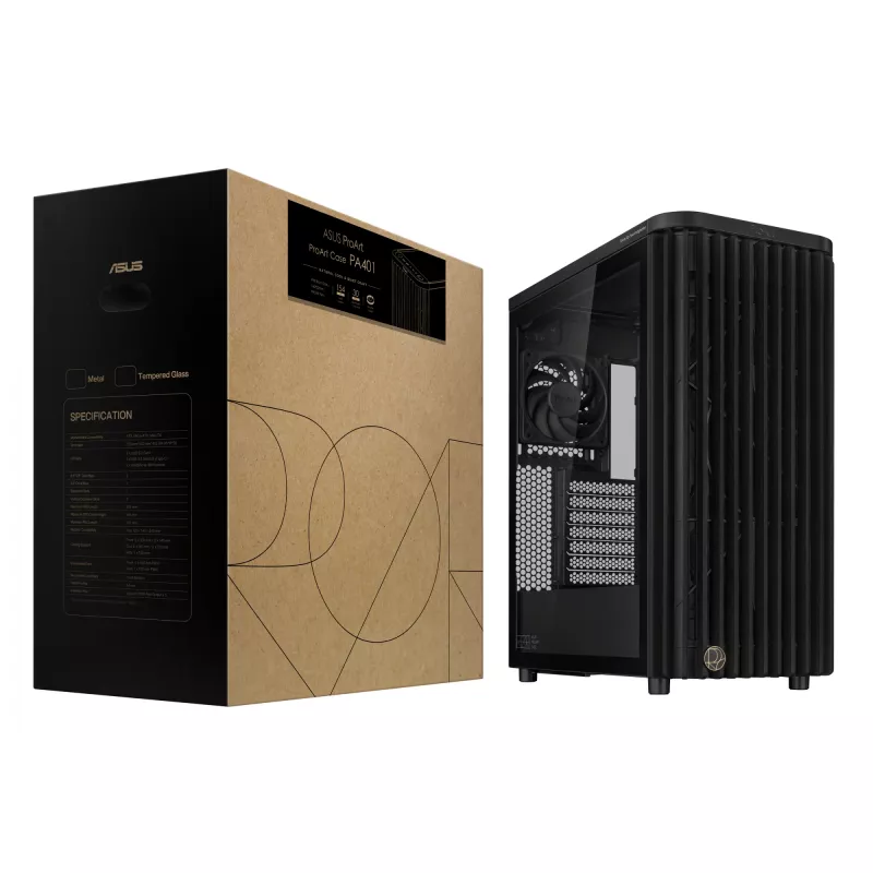 PC case ASUS ProArt PA401 Wood TG PWM Tower Juoda — ATX, tempered glass, 2x160mm front fans, USB-C, supports GPU 31.5 cm