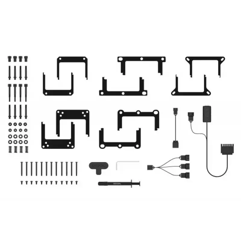 Šioje universalioje skysčio aušinimo sistemoje Alphacool 13074 — 120 mm ventiliatoriai, 3 ventiliatoriai, 2500 RPM, 40 cm vamzdeliai, varinis radiatorius, kelių spalvų LED, juoda