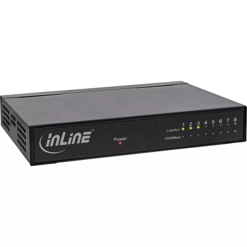 InLine tinklo komutatorius 8 prievadų, 1Gb/s, stalinis, metalinis, be ventiliatoriaus, ekranuoti prievadai