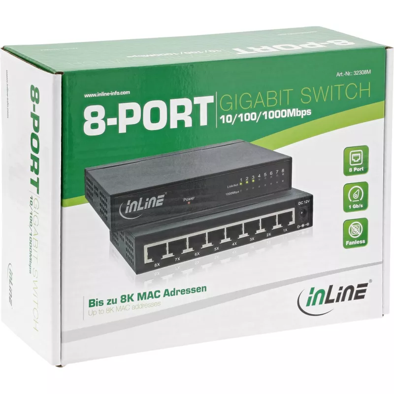 InLine tinklo komutatorius 8 prievadų, 1Gb/s, stalinis, metalinis, be ventiliatoriaus, ekranuoti prievadai