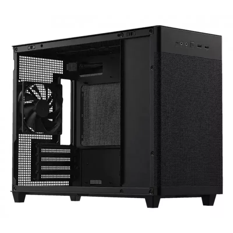 PC korpusas ASUS Prime AP201 MicroATX Mini Tower Juoda — palaiko microATX, maks. GPU 338 mm, procesoriaus aušintuvo aukštis 170 mm, 3x 3,5 colio nišos, USB-A 2x, USB-C 1x