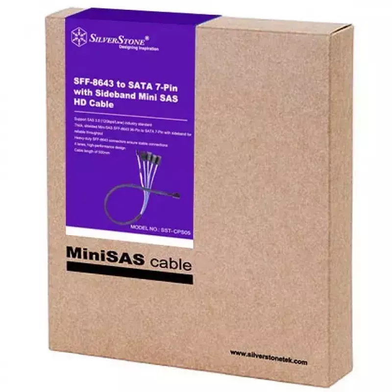 Kabelis Sidabrinėstone CPS05 0,5 m Mini-SAS SFF-8643 į SATA 7 kontaktų
