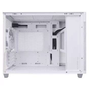 PC korpusas ASUS Prime AP201 MicroATX Mini Tower Baltas — palaiko microATX, iki 338 mm GPU, 3×3,5 colio + 1×2,5 colio diskų, USB-A 3.2 Gen1×2, USB-C 3.2 Gen2×1