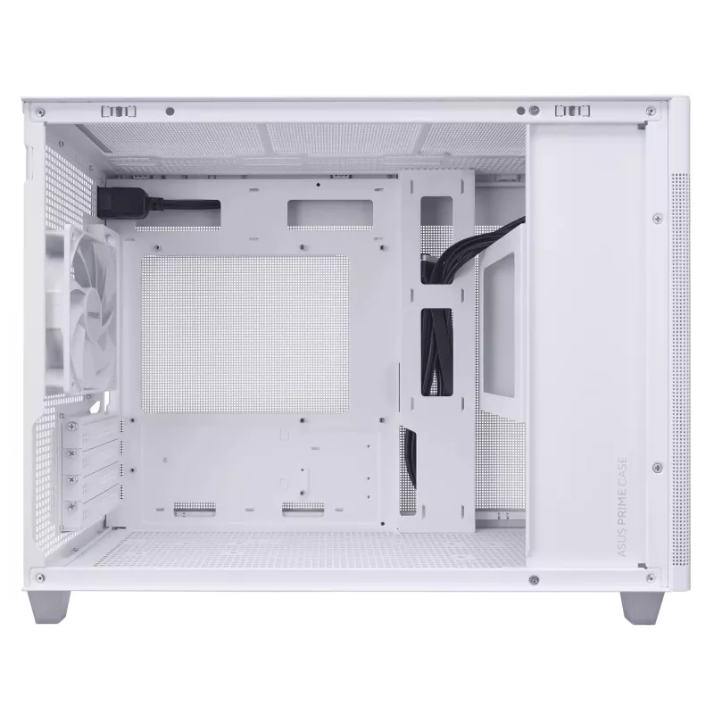 PC korpusas ASUS Prime AP201 MicroATX Mini Tower Baltas — palaiko microATX, iki 338 mm GPU, 3×3,5 colio + 1×2,5 colio diskų, USB-A 3.2 Gen1×2, USB-C 3.2 Gen2×1