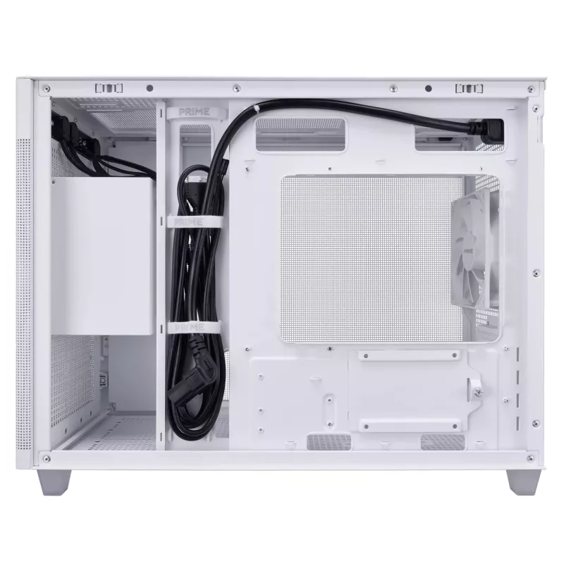 PC korpusas ASUS Prime AP201 MicroATX Mini Tower Baltas — palaiko microATX, iki 338 mm GPU, 3×3,5 colio + 1×2,5 colio diskų, USB-A 3.2 Gen1×2, USB-C 3.2 Gen2×1