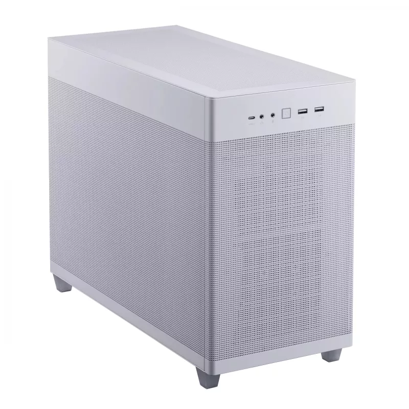 PC korpusas ASUS Prime AP201 MicroATX Mini Tower Baltas — palaiko microATX, iki 338 mm GPU, 3×3,5 colio + 1×2,5 colio diskų, USB-A 3.2 Gen1×2, USB-C 3.2 Gen2×1