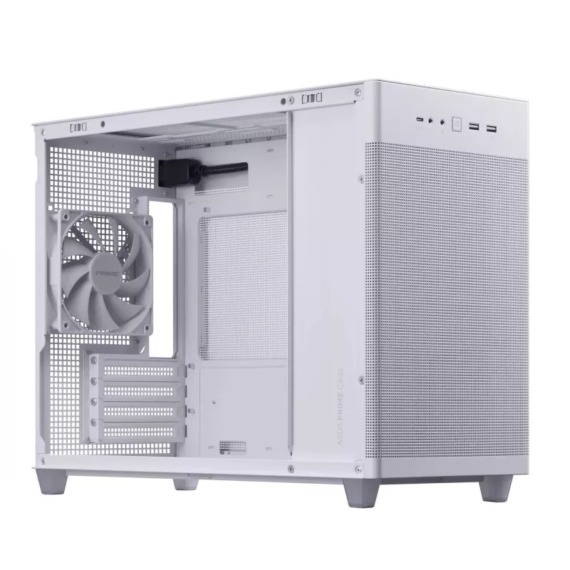 PC korpusas ASUS Prime AP201 MicroATX Mini Tower Baltas — palaiko microATX, iki 338 mm GPU, 3×3,5 colio + 1×2,5 colio diskų, USB-A 3.2 Gen1×2, USB-C 3.2 Gen2×1