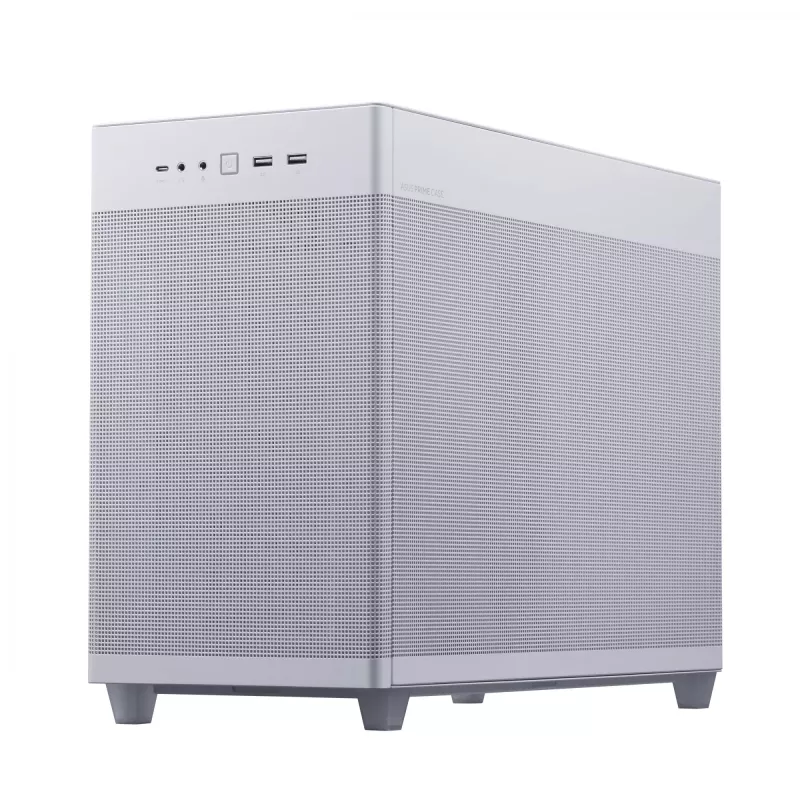 PC korpusas ASUS Prime AP201 MicroATX Mini Tower Baltas — palaiko microATX, iki 338 mm GPU, 3×3,5 colio + 1×2,5 colio diskų, USB-A 3.2 Gen1×2, USB-C 3.2 Gen2×1