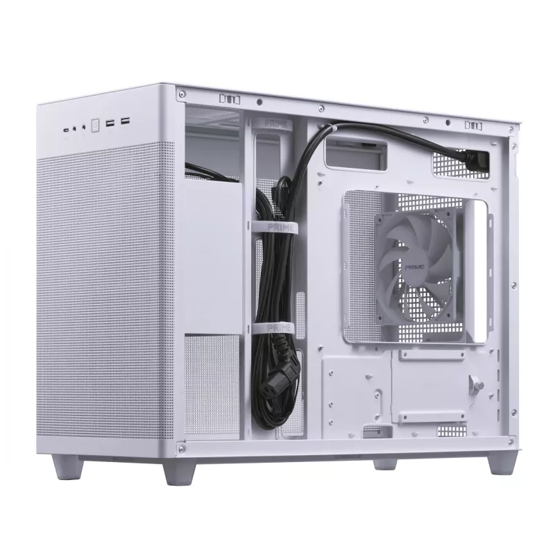 PC korpusas ASUS Prime AP201 MicroATX Mini Tower Baltas — palaiko microATX, iki 338 mm GPU, 3×3,5 colio + 1×2,5 colio diskų, USB-A 3.2 Gen1×2, USB-C 3.2 Gen2×1