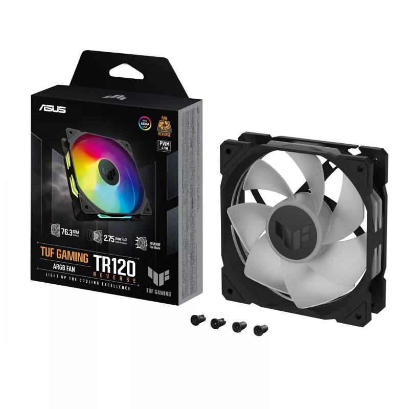 Korpuso ventiliatorius ASUS TUF Gaming TR120 ARGB, 120 mm, PWM, 1800–2200 RPM, 76,3 CFM, 2,75 mmH₂O, hidraulinis guolis, juodas