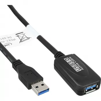 InLine USB3.2 Gen.1 aktyvus kartotuvės laidas A tipo kištukas / lizdas, juodas, 5 m