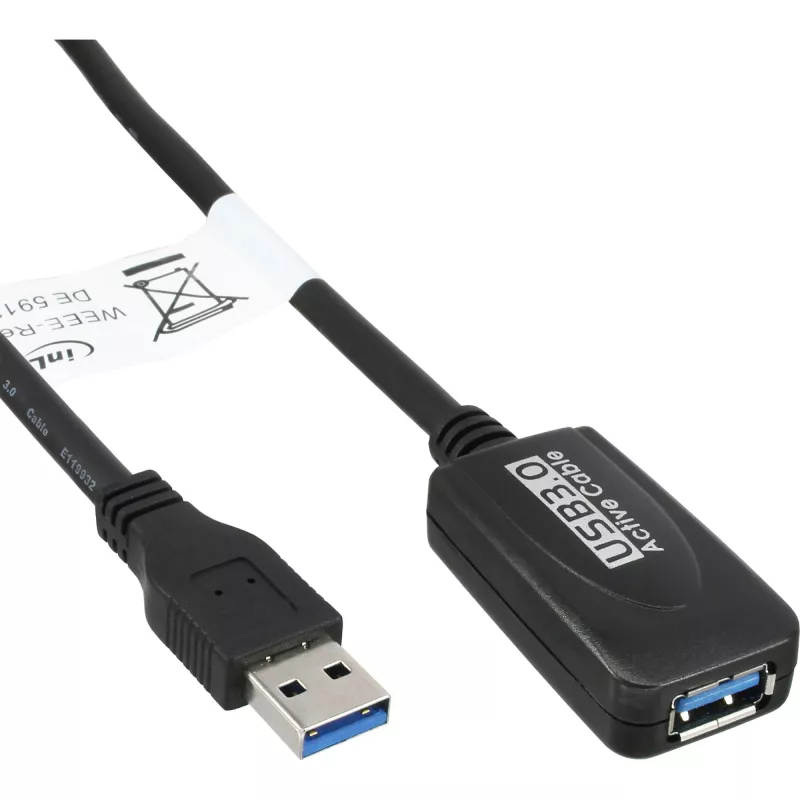 InLine USB3.2 Gen.1 aktyvus kartotuvės laidas A tipo kištukas / lizdas, juodas, 5 m