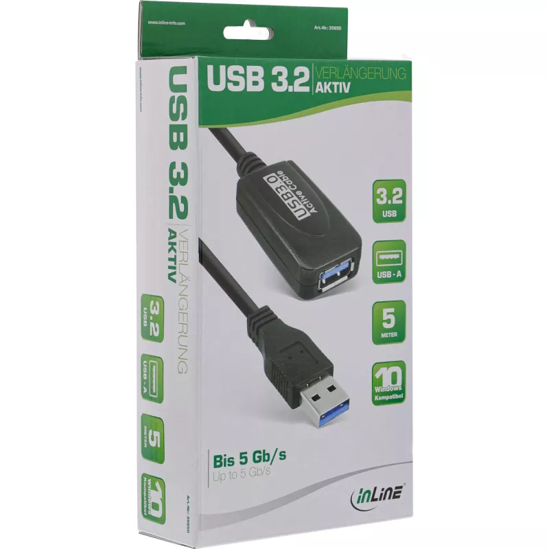 InLine USB3.2 Gen.1 aktyvus kartotuvės laidas A tipo kištukas / lizdas, juodas, 5 m