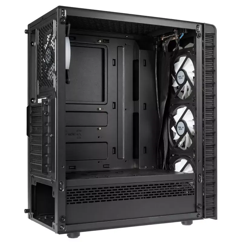 PC Midi Tower Kolink Observatory Lite — juoda, grūdintas stiklas, ATX/Micro-ITX, 3x120 mm priekyje, 1x120 mm gale, 190×400×440 mm