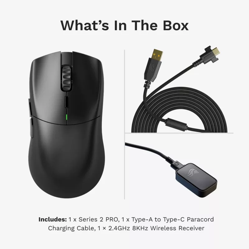Belaidė žaidimų pelė GLORIOUS Series 2 PRO (dešiniarankiams) — 26 000 DPI, RF belaidė + USB‑C, 4K/8K Hz, 6 mygtukai, juoda
