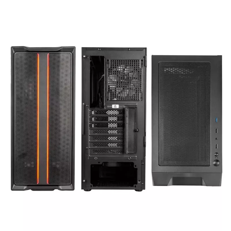 PC korpusas Kolink Inspire K12 ARGB Midi Tower — juodas su permatomu šonu, palaiko ATX/Micro ATX/ITX, 2x3,5 colio + 2x2,5 colio skyriai