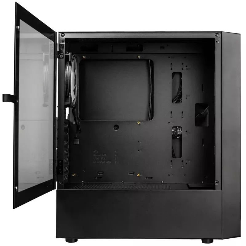 PC korpusas Kolink Inspire K12 ARGB Midi Tower — juodas su permatomu šonu, palaiko ATX/Micro ATX/ITX, 2x3,5 colio + 2x2,5 colio skyriai