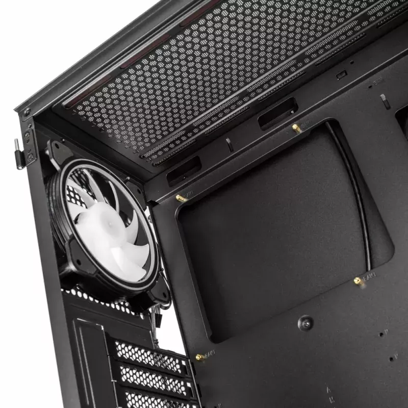PC korpusas Kolink Inspire K12 ARGB Midi Tower — juodas su permatomu šonu, palaiko ATX/Micro ATX/ITX, 2x3,5 colio + 2x2,5 colio skyriai