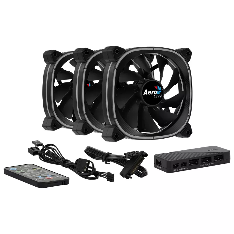 Aerocool ASTRO12PRO rinkinys 3 ventiliatoriai PC 12cm LED RGB antivibracinis nuotolinio valdymo