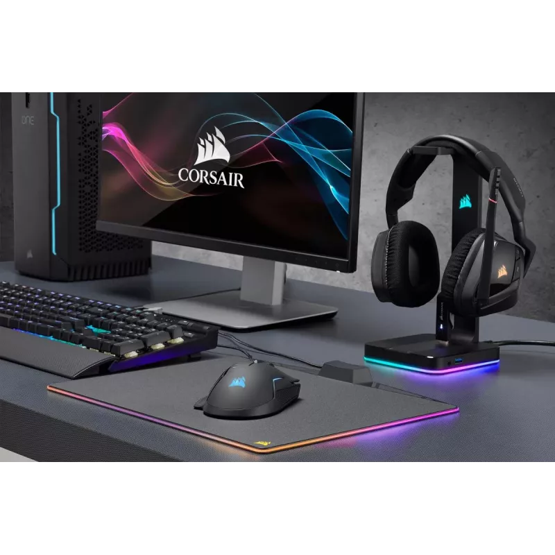 CORSAIR ausinių stovas - St100 RGB Premium - su stovu 7.1 erdvinis garsas - pritaikomas RGB apšvietimas