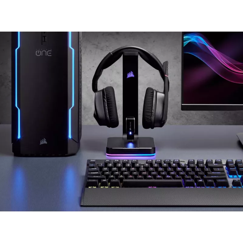 CORSAIR ausinių stovas - St100 RGB Premium - su stovu 7.1 erdvinis garsas - pritaikomas RGB apšvietimas