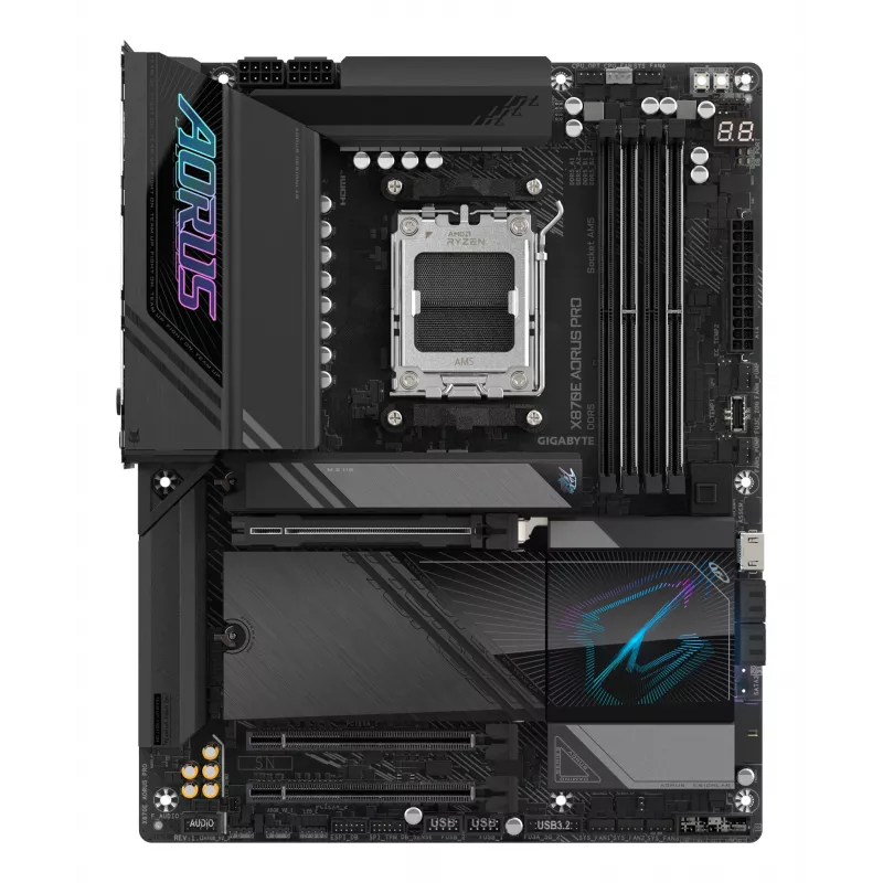 GIGABYTE X870E AORUS PRO Motininė plokštė – palaiko AMD Ryzen 9000 procesorius, 16+2+2 fazių skaitmeninis VRM, iki 8000MHz DDR5 (OC), 3xPCIe 5.0 + 1xPCIe 4.0, Wi-Fi 7, 2.5GbE LAN, USB 4