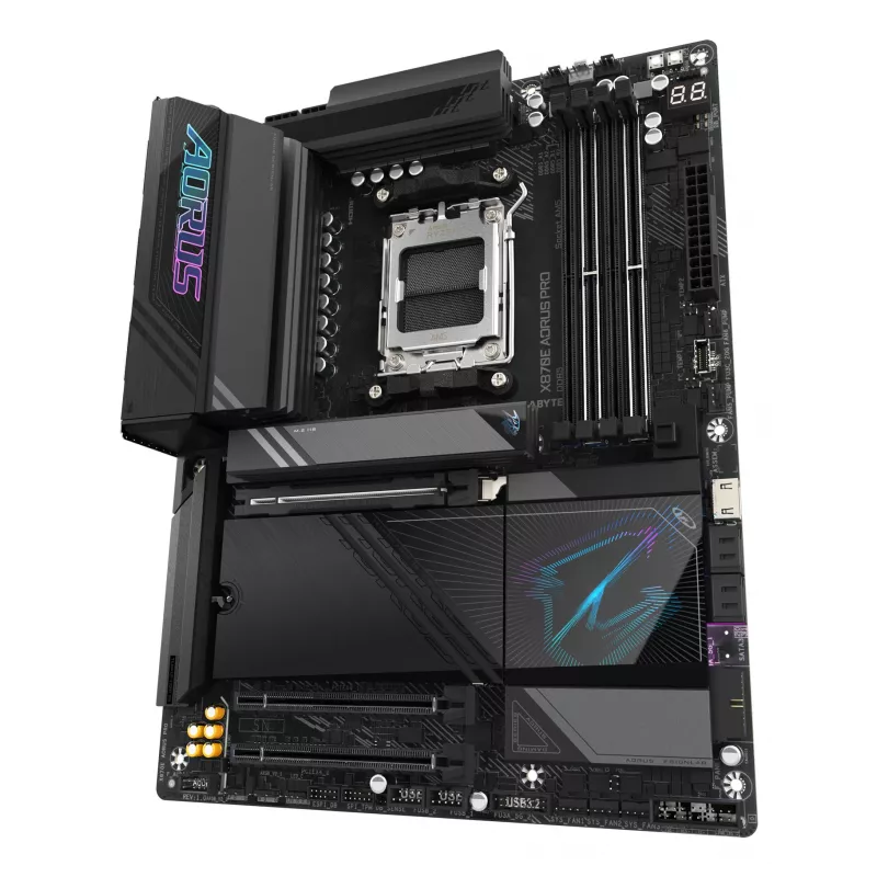 GIGABYTE X870E AORUS PRO Motininė plokštė – palaiko AMD Ryzen 9000 procesorius, 16+2+2 fazių skaitmeninis VRM, iki 8000MHz DDR5 (OC), 3xPCIe 5.0 + 1xPCIe 4.0, Wi-Fi 7, 2.5GbE LAN, USB 4