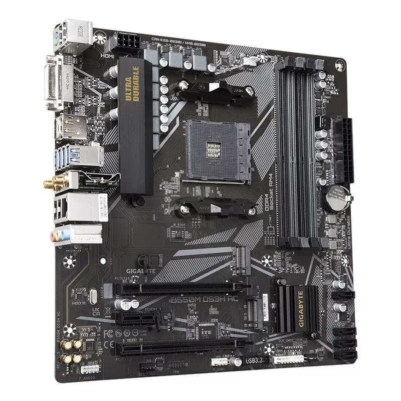 GIGABYTE B550M DS3H AC pagrindinė plokštė – AMD Ryzen 5000 procesoriams, 5+3 fazių VRM, iki 4733MHz DDR4, 1xPCIe 4.0 + 1xPCIe 3.0 M.2, Wi-Fi 5, 1GbE LAN, USB 3.2 Gen 1