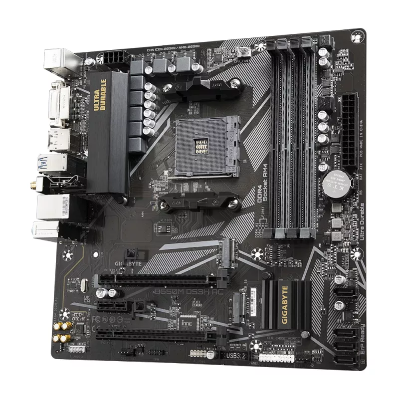 GIGABYTE B550M DS3H AC pagrindinė plokštė – AMD Ryzen 5000 procesoriams, 5+3 fazių VRM, iki 4733MHz DDR4, 1xPCIe 4.0 + 1xPCIe 3.0 M.2, Wi-Fi 5, 1GbE LAN, USB 3.2 Gen 1