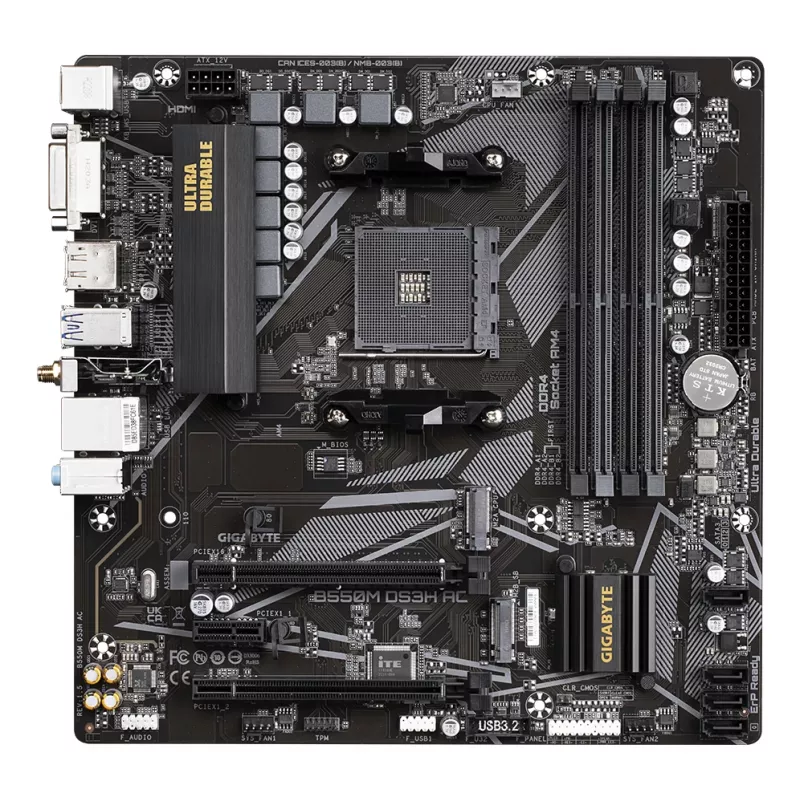 GIGABYTE B550M DS3H AC pagrindinė plokštė – AMD Ryzen 5000 procesoriams, 5+3 fazių VRM, iki 4733MHz DDR4, 1xPCIe 4.0 + 1xPCIe 3.0 M.2, Wi-Fi 5, 1GbE LAN, USB 3.2 Gen 1