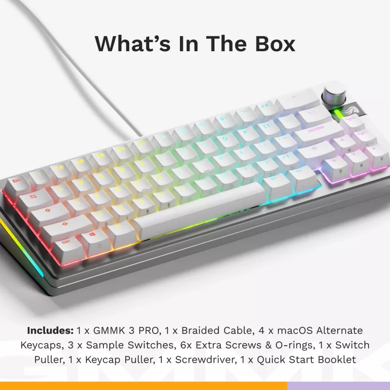 Mechaninė žaidimų klaviatūra GLORIOUS GMMK 3 PRO 65% laidinė USB, QWERTY US, RGB, sidabrinė, 2 m laidas