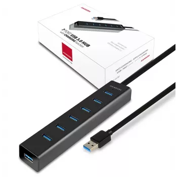 Axagon HUE-SA7BP 7x USB 3.0 ALU ĮKROVIMO šakotuvas JUODAS su kintamosios srovės adapteriu