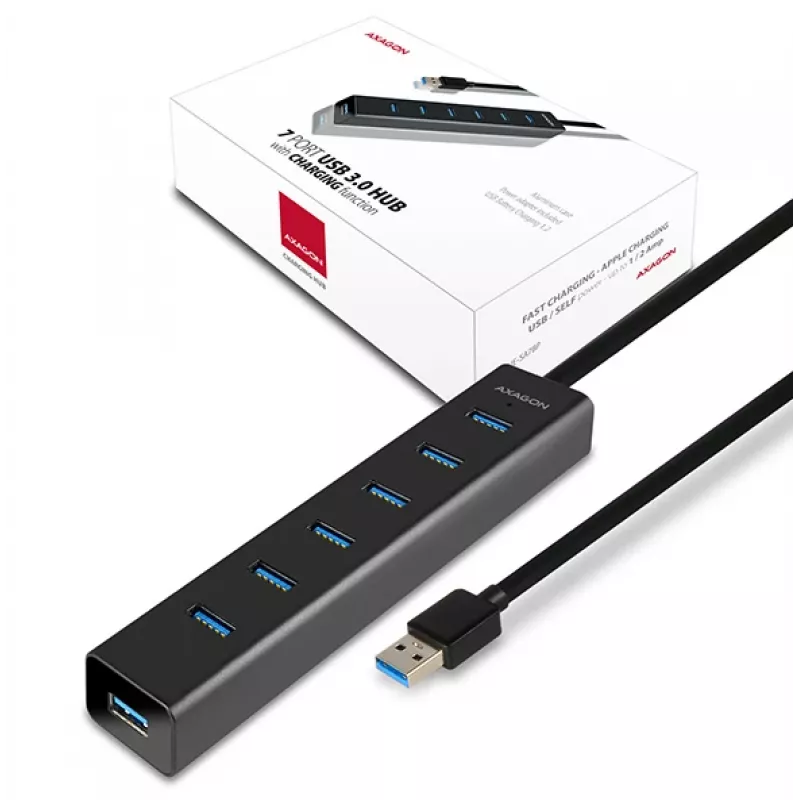 Axagon HUE-SA7BP 7x USB 3.0 ALU ĮKROVIMO šakotuvas JUODAS su kintamosios srovės adapteriu