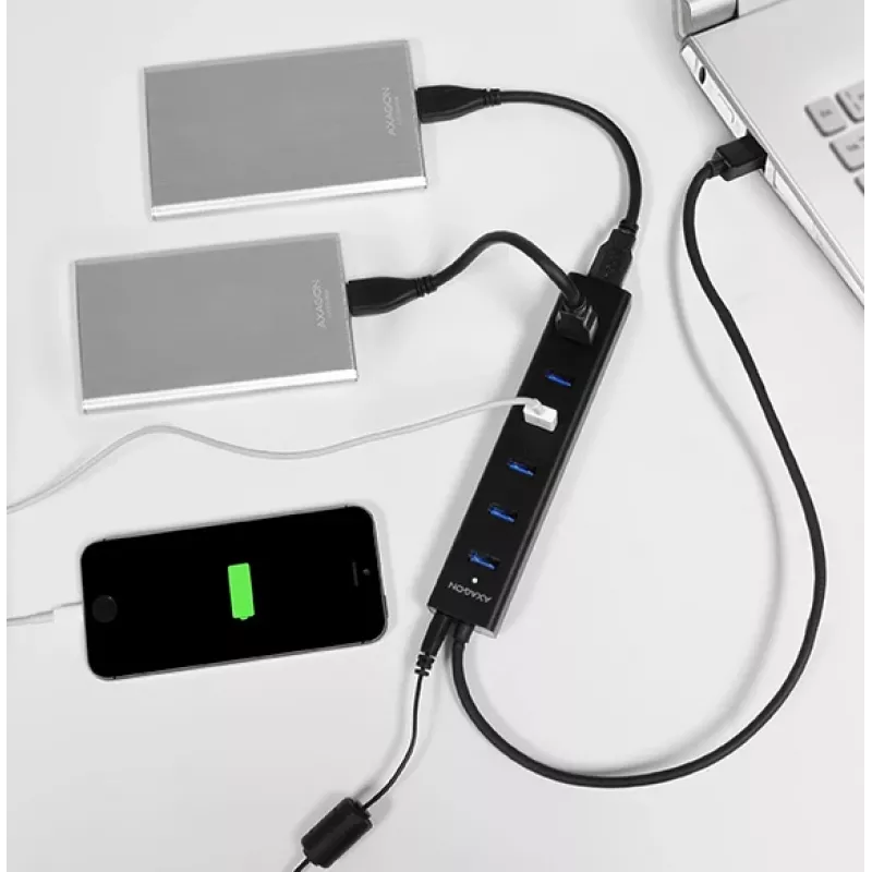 Axagon HUE-SA7BP 7x USB 3.0 ALU ĮKROVIMO šakotuvas JUODAS su kintamosios srovės adapteriu