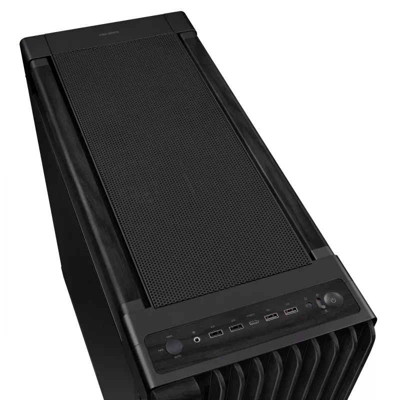 PC korpusas ASUS ProArt PA602 Wood Edition Midi Tower Juoda — EATX palaikymas, 45 cm GPU, 19 cm PSU / aušintuvas, 8 HDD nišos, USB-C