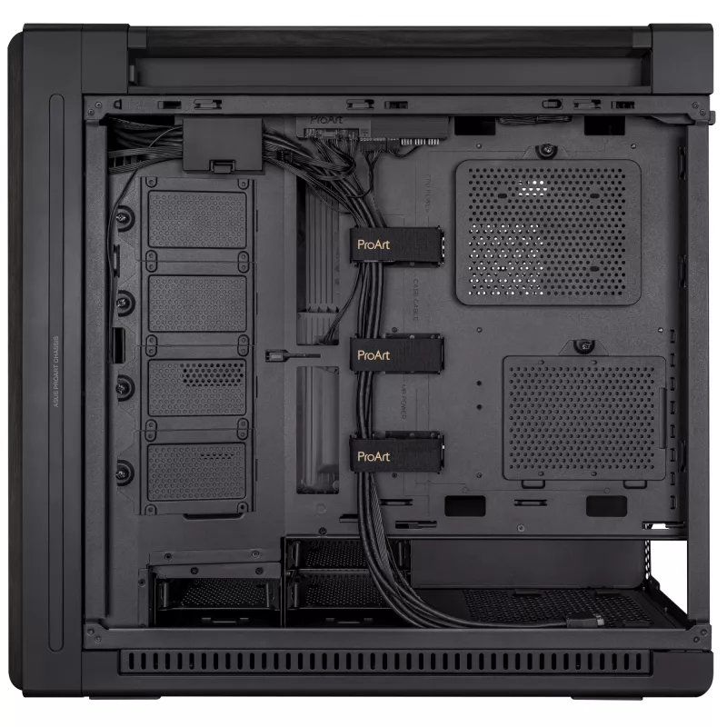 PC korpusas ASUS ProArt PA602 Wood Edition Midi Tower Juoda — EATX palaikymas, 45 cm GPU, 19 cm PSU / aušintuvas, 8 HDD nišos, USB-C