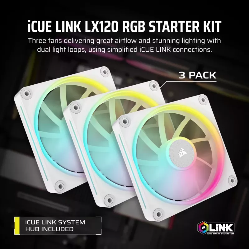 CORSAIR Icue Link Lx120 RGB 120mm Pwm Ventiliatorių Pradinis Rinkinys – Baltas
