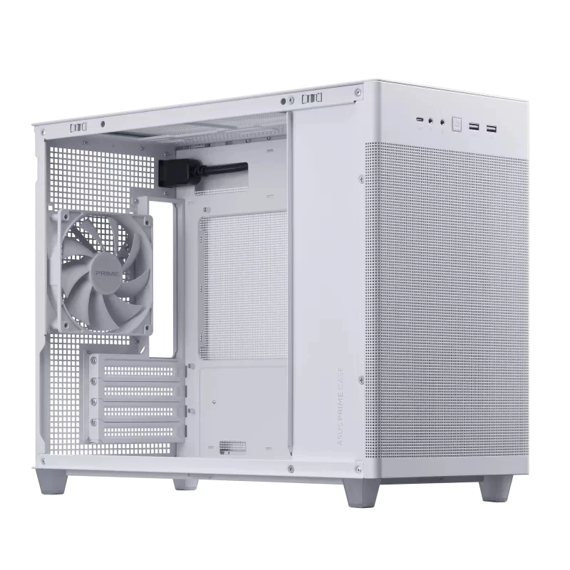 PC korpusas ASUS AP201 PRIME CASE TG WHITE Mini Tower — micro ATX, grūdintas stiklas, 3×3,5 colio nišos, 1×2,5 colio, USB-A×2, USB-C×1