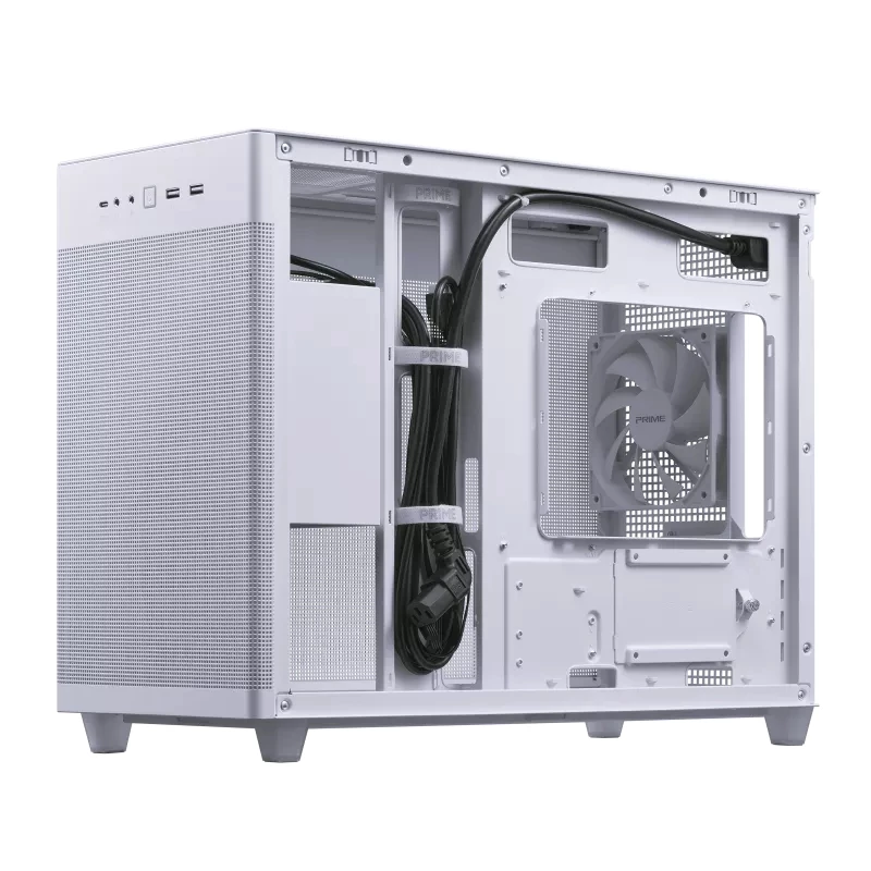 PC korpusas ASUS AP201 PRIME CASE TG WHITE Mini Tower — micro ATX, grūdintas stiklas, 3×3,5 colio nišos, 1×2,5 colio, USB-A×2, USB-C×1